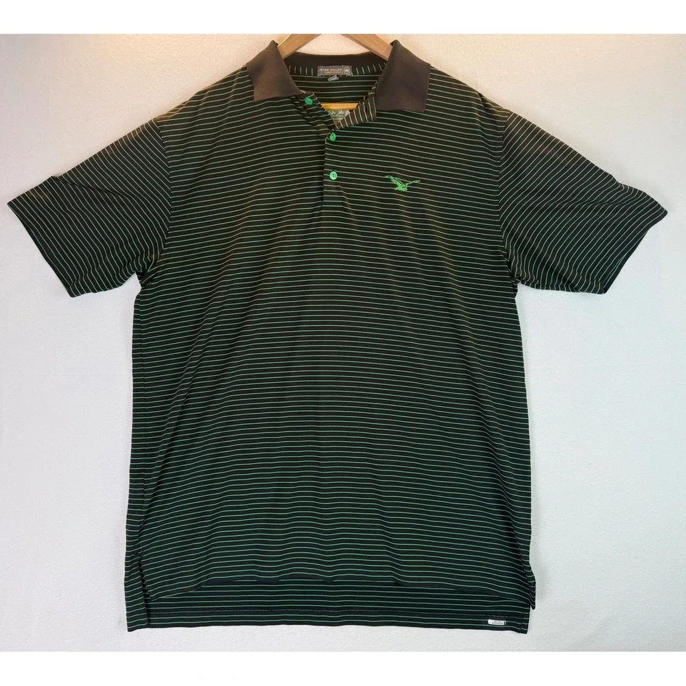 Peter Millar Summer Comfort Black w/Green Stripes Golf Polo Eagle Logo Sz L - Picture 2 of 11